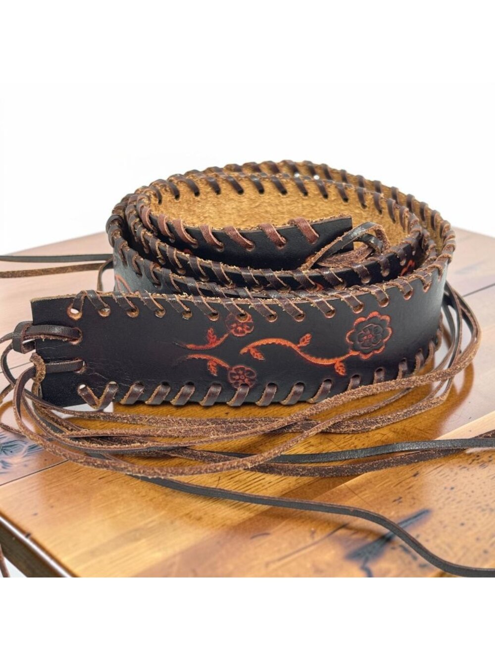 Handtooled Leather Sash Belt Brown/Red Floral Design Adjustable Ties 42"Lx1.5"W